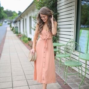 Peach Midi Shirt Dress Tie Front Cut Out Rayon Dress by Mimi Chica